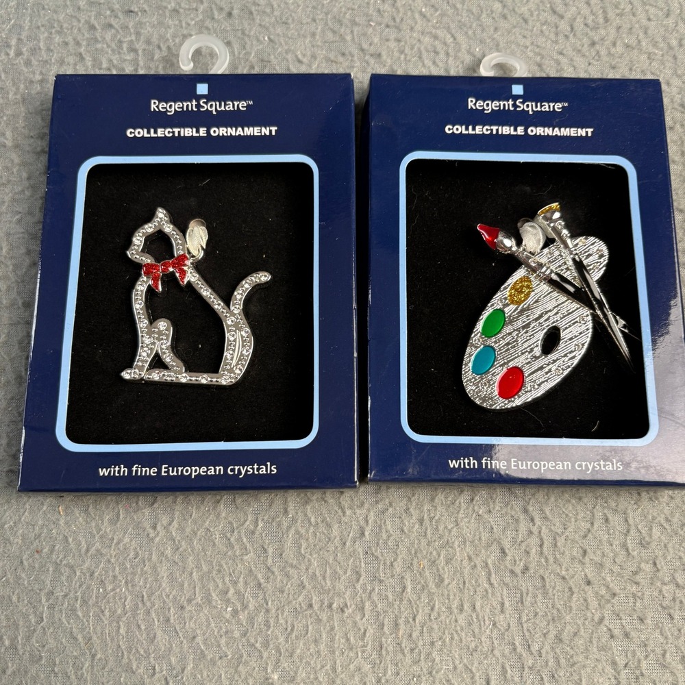 Regent Square Crystal Ornaments Cat with Red Bow and Artist Palette Set of 2